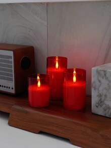 This 3-Piece Acrylic Flameless Candle Set Features Upgraded Realistic Flickering Flames, A Remote Control, And A Timer. It's A Battery-Powered LED Columnar Candle Set Suitable For Weddings, Birthdays, Valentine's Day, Restaurants, Parties, And Home Décor. - Red - View 6