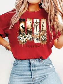 Easter Gift Women's Elegant Style Short Sleeve Easter Religious Theme Printed Pattern Round Neck Women's Comfortable Soft Breathable New Spring Summer - 紅色 - 查看 7