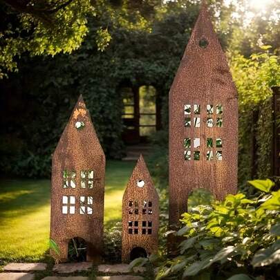 3件套复古金属房屋装饰品，乡村城堡风格户外花园摆件，带门窗，适用于花坛、草坪和庭院，花园装饰 | 复古城堡设计 | 金属装饰，花园装饰