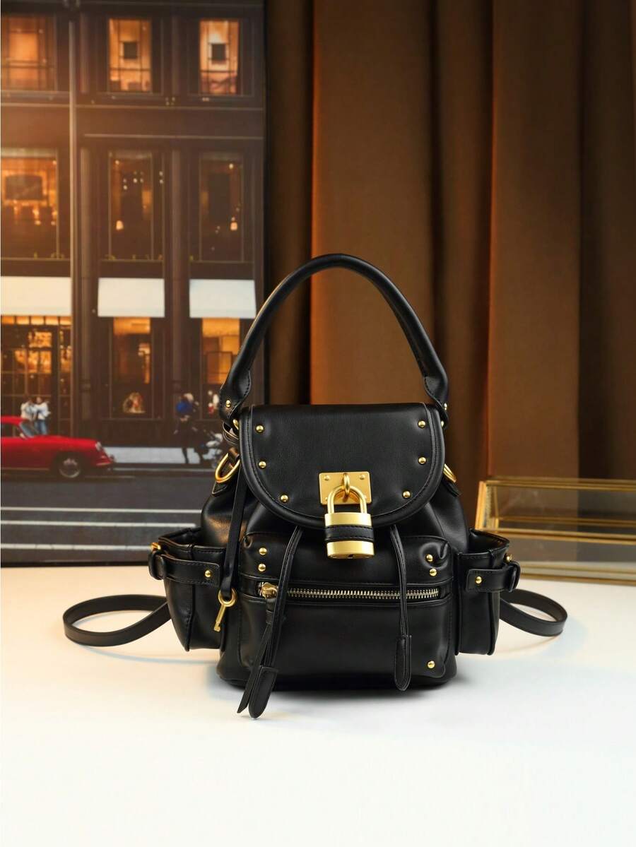 Unique Vintage Rivet Lock Handbag, Multi-Function Travel Bag - Black - View 1