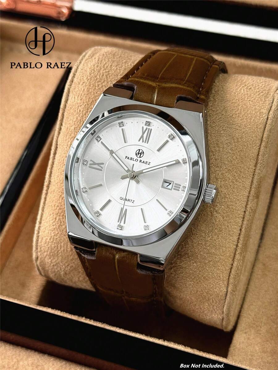 Pablo Raez 1 件男士棕色手表，原装魅力男士商务手表，知名品牌全新 AAA 级奢华珠宝配饰腕表，不锈钢表链，复古银色钢表壳，渐变绿色，50 米防水，简约日历星期显示，男士金属休闲时尚石英表，毕业结婚礼物