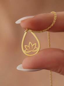 1pc 18K Gold Plated Stainless Steel Lotus Flower Necklace, Delicate Lotus Jewelry, Women's Spiritual Belief Necklace, Female Spirituality Necklace, Buddhist Necklace, Amulet Necklace, Gift For Her - Gold - View 12
