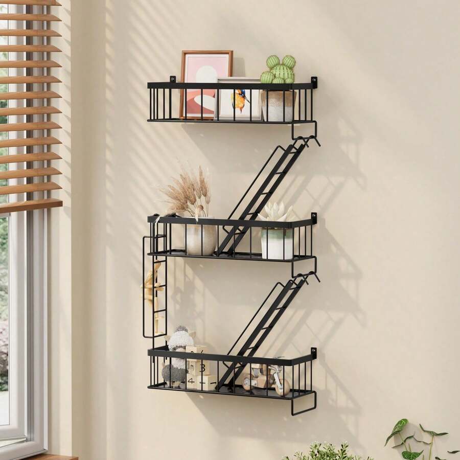 3-Tier Black Decorative Trapezoidal Shelf, Fire Escape Wall-Mounted Shelf, Mural-Style Floating Shelf, Bedroom Metal Shelf, Office Storage And Display Shelf, Room And Bathroom Decorative Wall-Mounted Shelf - màu đen - Xem 1