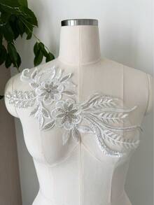 1-delat set med 3D-blommig spets applicerad tyg med strass, 10x5 tum spetsbroderilapp, applicerad bröllopsbroderi, bröllopsklänning, klädväska DIY, vit - ZH400 - Visa 6