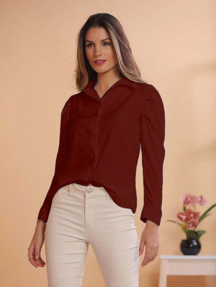 Women's Blouse Social Shirt Princess Sleeve Puffed Winter Fashion - 酒紅色 - 查看 1