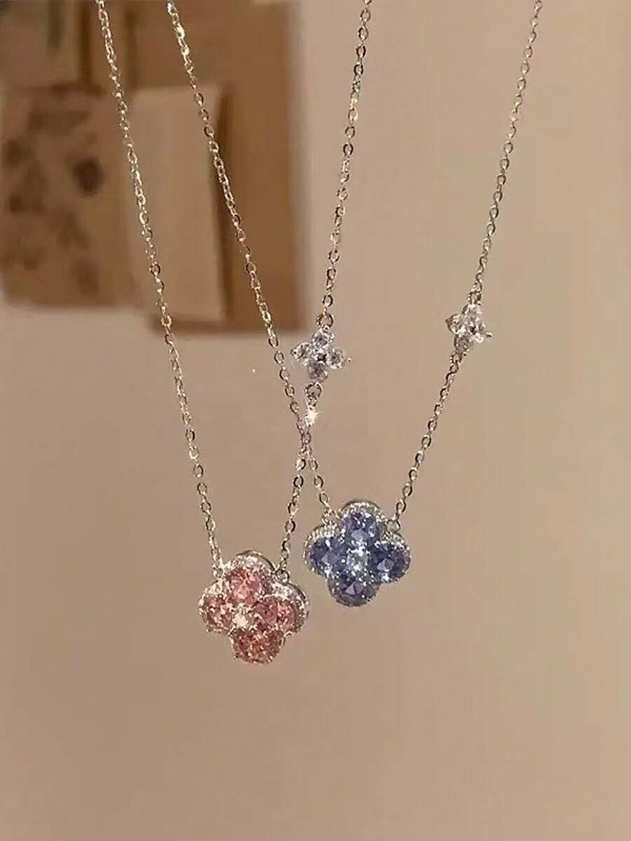 优雅奢华新款立方氧化锆花朵项链，甜美时尚清新高端百搭颈链，适合日常佩戴 - 滿鋯四葉花 - 查看 1