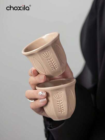 choxila 1pc Ceramic Coffee Cup, Tea Cup, Matcha Cup, Middle Eastern Style Embossed Tulip Small Ceramic Mugs, For Home, Coffee Shop, Tea House, Ramadan Gifts, Ramadan, Eid Al Adha