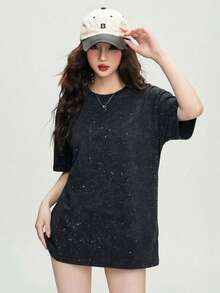 JUTU Spring/Summer Black Round Neck Loose Shiny Polka Dot Short Sleeve T-Shirt, Charming & Soft Commuting Top For Women Casual - 2A38 Black - View 8