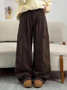 DAZY Women's Casual Loose Wide Leg Flare Jeans - Coffee Brown - View 2