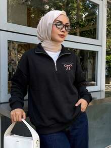 Livesso 女士蝴蝶印花半拉链休闲长袖运动衫、长袖上衣、秋季女装 - 黑色 - 查看 3