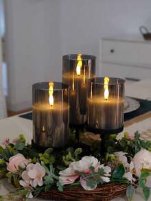 3 Flameless LED Candles, Tabletop Decorative Lights, Flashing LED Column Candles, Battery-Powered Electronic Candles, Artificial Candles, Centerpieces For The Table, Wedding Decorations, Holiday Party Decorations, Mother's Day & Independence Day Decorations - Grey - View 5