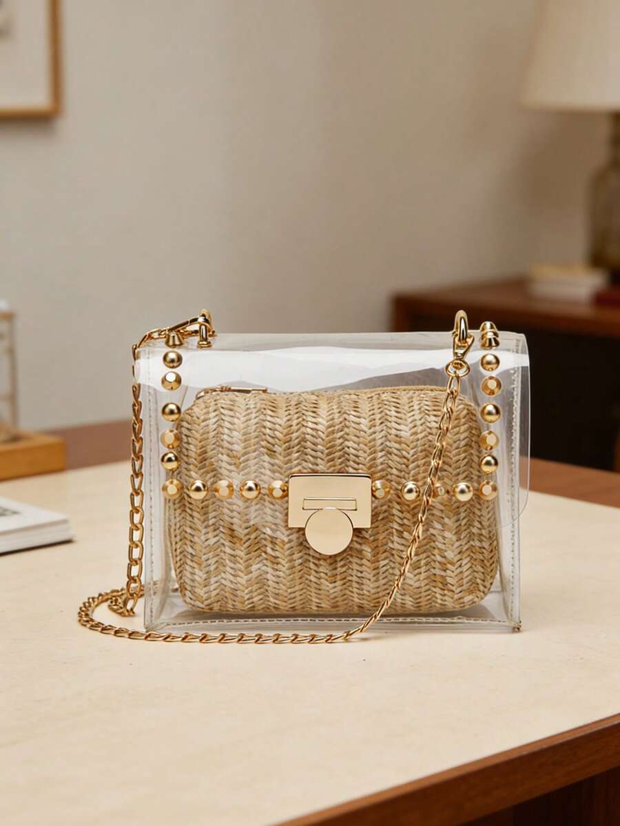 女士两件套度假风沙滩时尚设计实用多隔层PVC金属铆钉拉链金属链编织单肩包方形盒形包组合套装 - 彩色 - 查看 1