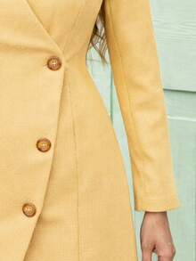 Elegante vestido midi unicolor de manga larga con escote en V profundo y abertura, diseño informal ajustado para mujer - Amarillo - Ver 5