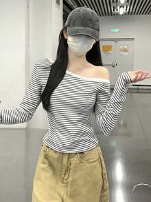 女士休闲条纹斜肩长袖修身打底T恤，百搭，春秋季白色 - 白色 - 查看 5