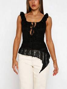 Women Y2K Lace Sweetheart Ruffle Tie Front See Through Asymmetrical Hem Sleeveless Crop Top Going Out Party Club Top - màu đen - Xem 3
