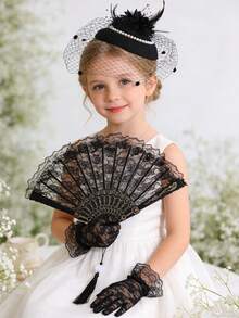 1 Set Girls' Party Dress Outfit Including Pearl Hair Accessory, Lace Gloves And Fan, Suitable For Tea Party And Photography - Top Hat + Gloves + Fan - View 4