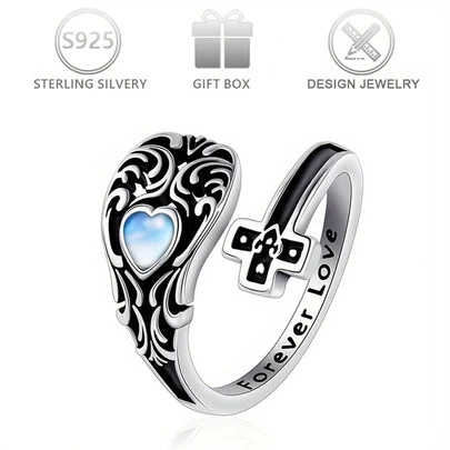 1 Peça Anel de Colher de Prata 925 com Pedra de Lua Crescente Vintage Elegante Assimétrica em Formato de Coração e Cruz, Adequado para Uso Diário, Casual, Feriados, Presente de Aniversário