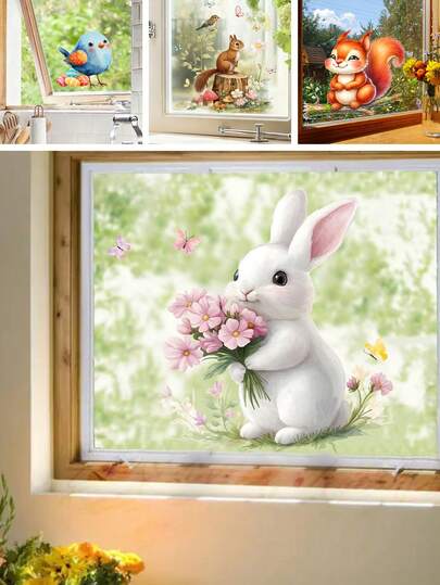 Adesivos de janela com animais fofos para decoração de quarto de bebê e berçário - Adesivos removíveis com pássaros, esquilos, coelhos e flores para quarto infantil, arte de parede em vidro, adesivos de janela sazonais de primavera.