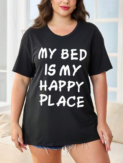 Plus Size T-Shirt Nightgown - Printed Slogan Sleep Dress - Short Sleeves, V-Neck, Casual Style - Sleepwear, Loungewear - Women's - Comfortable And Stylish - Sleep In Style, Dream In Comfort.