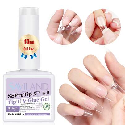  SAVILAND Gel Nail Glue 15 Ml, 30-Day Super Strong Nail Glue For False Nails & Press On Nails 4 In 1 UV Nail Glue Extra Strong Castor Oil VE Gel Glue With Brush For Acrylic Nail Tips Nail Art Home Use
