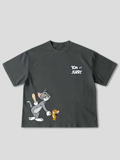 Strevion OBM Men X TOM & JERRY Áo thun nam tay ngắn cổ tròn in hình Tom & Jerry tối giản, thích hợp cho mùa hè.
