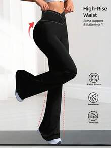 Quần ống loe cạp chéo dành cho nữ, quần legging co giãn cao, quần ống rộng thoải mái tập yoga, quần thể thao thường ngày. - màu đen - Xem 3