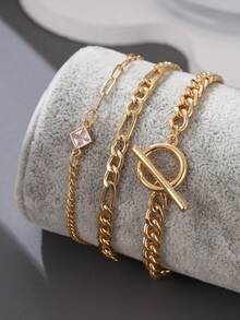 Set de 3 piezas con colgante cuadrado de circonita cúbica dorada con broche de cobre OT, pulsera de metal dorado en capas, set de joyería de alta gama como regalo (cantidad de anillos de cadena al azar) - Amarillo Oro - Ver 8