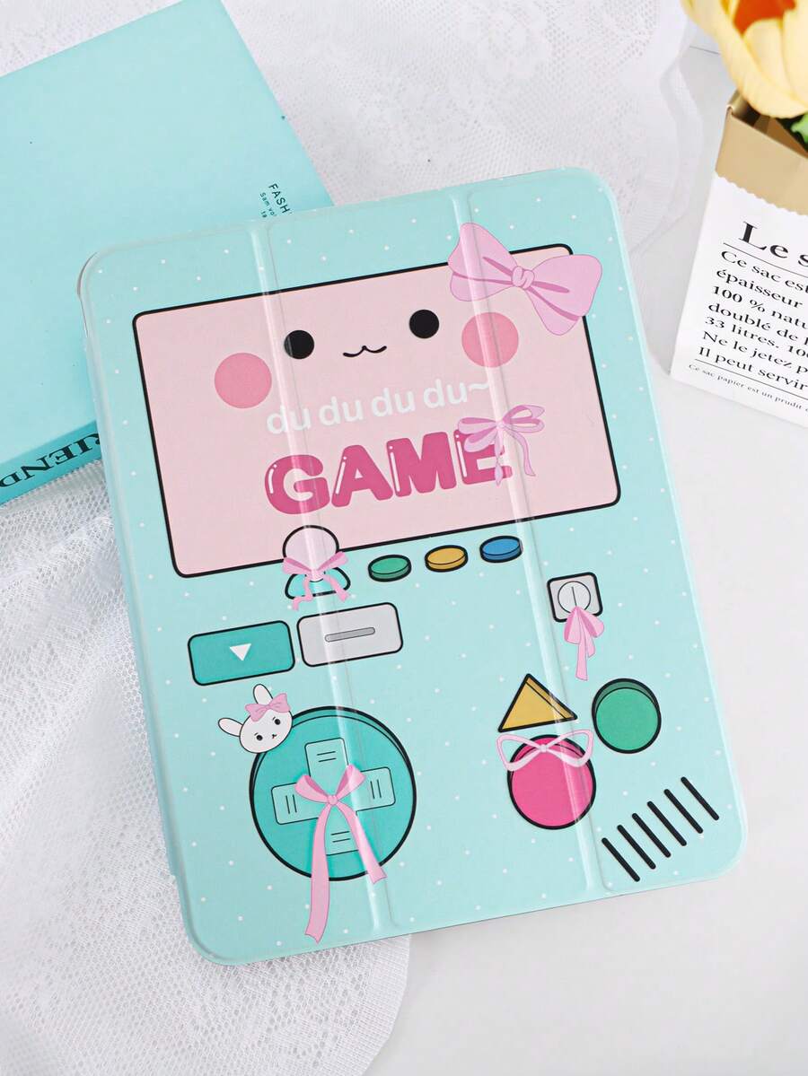 1pc Light Blue Gamepad Bow Cartoon Painted Tablet Case, Suitable For IPad 10th/11th/10.2/10.5/Air4/Air5/10.9/Pro11/Air 11-In.(M2)-2024/Pro 11-In.(M4)-2024/IPad Air 11-Inch (M3) 2025/IPad (A16) 11 Inch 11th Generation 2025 Mini6/Mini7/Air1/Air2/9.7 Models, Tab A8 10.5 Inch 2022 Model. No Pen Included, Built-In Pen Slot, 3-Fold Stand, Magnetic Sleep/Wake, Minimalist/Creative/Unique/Fun/Cute/Niche - Multicolor - View 1
