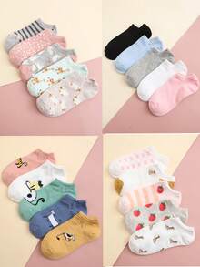 5双卡通图案踝袜，秋季袜子 - 彩色 - 查看 1