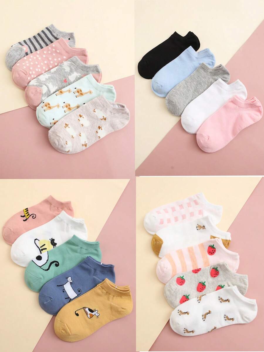 5双卡通图案踝袜，秋季袜子 - 彩色 - 查看 1