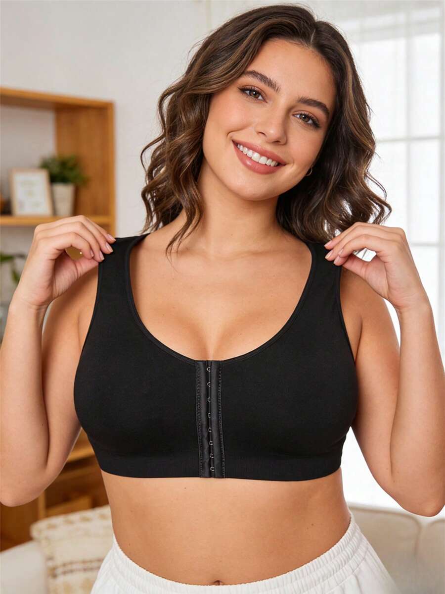 Plus Size Women's Minimalist Solid Color Wireless Shaping Lift Prevent Overflow & Sagging Bra - Black - View 1