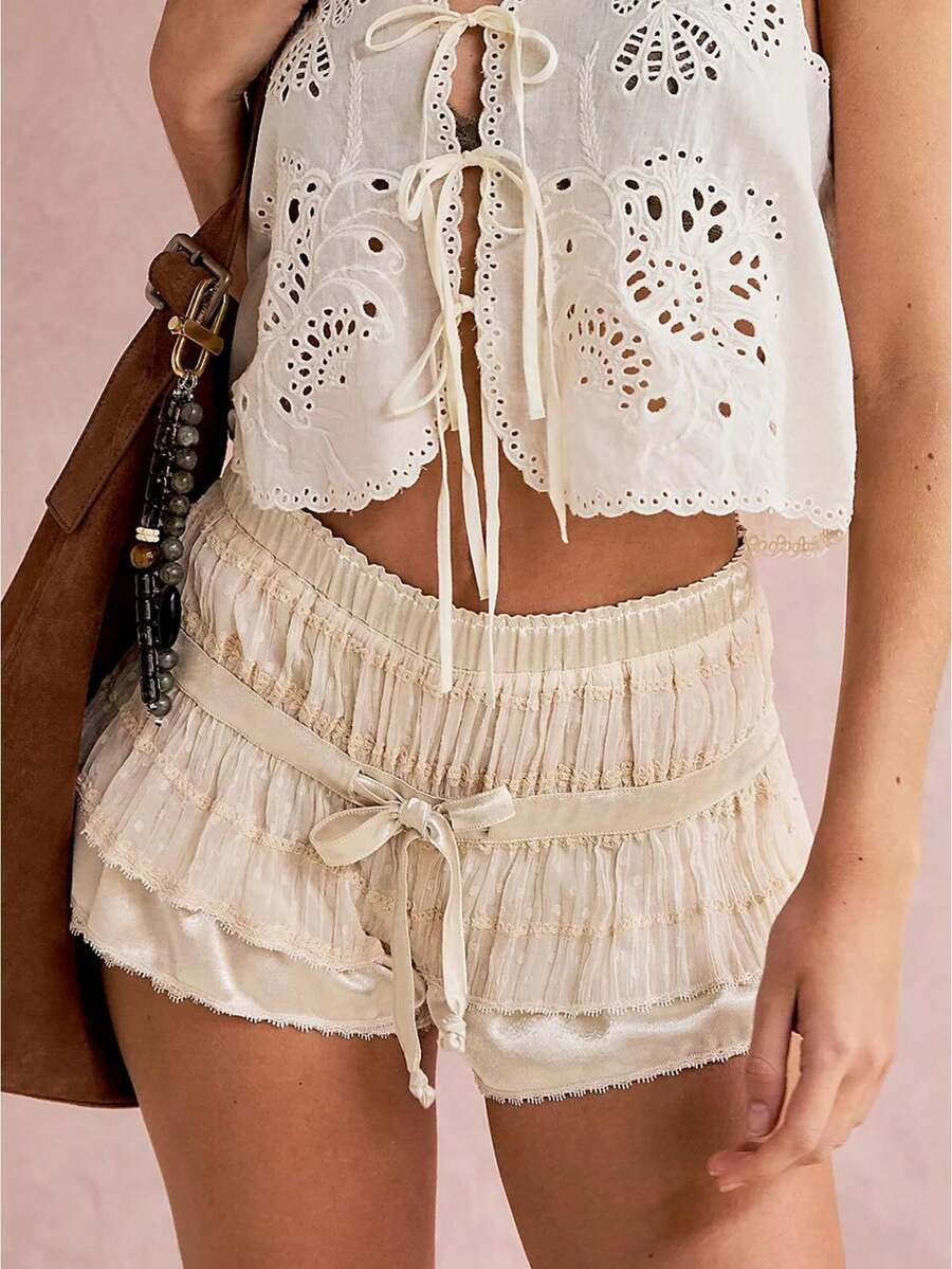 Womens Layered Frilly Ruffle Micro Lolita Bloomers Y2k Low Rise Satin Shorts Lace Fluffy Shorts - White - View 1
