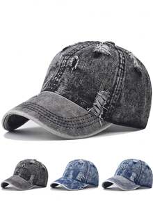 1pc Distressed Washed Denim Baseball Cap, Unisex Couple Style, Outdoor Versatile All Season Soft Crown Curved Brim Hat - Multicolor - View 1