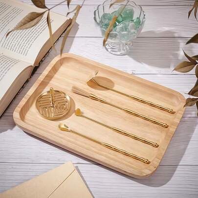 Juego de 5 piezas de latón para especias - Elegante cucharón, espátula, cepillo y quemador de tono dorado - Fácil de limpiar - No se necesita electricidad, esencial para aromaterapia DIY, adecuado para espacios de yoga, meditación y lectura | Diseño tradicional desmontable