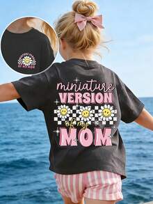 Tween Girl Funny "MINIATURE VERSION OF MY MOM" Cartoon Print T-Shirt, Suitable For Girls' Daily Wear, Mother-Daughter Matching And Special Occasions, Cute And Fashion Top For Girls In Summer - Dark Grey - View 4