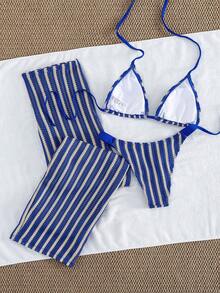 三件套性感条纹针织比基尼套装 - 三角比基尼上衣 + 低腰比基尼泳裤 + 可调节绑带阔腿裤 | 复古沙滩度假泳装 - 藍色 - 查看 4