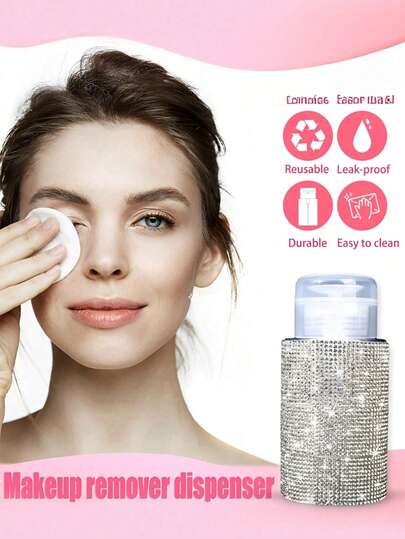 150毫升镶钻可重复灌装化妆品瓶，适用于爽肤水、卸妆液、卸甲油等，塑料材质，无需电池即可按压，也可作为首饰盒、化妆刷收纳盒、香水瓶、化妆包使用，是送给女性的绝佳礼物。