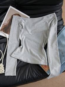 Spring/Summer Off-Shoulder Casual Sweet Cute Letter Embroidery Grey Fitted Long Sleeve Blouse For Women - Grey - View 7