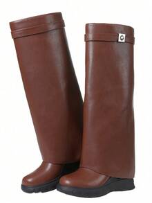 Women's Fold Over Shark Boots Pointy Pull-On Wide Calf Boots Shark Padlock Nightclub Elegant Luxury Fashion WInter Fall Shoes - 棕色 - 查看 10