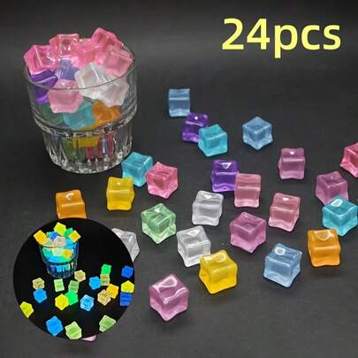 24pcs Mini Luminous Resin Ice Cubes - Suitable For Outdoor Garden Decor, Party Decoration. Durable Resin Blocks. Starry Sky Color Changing Glow In The Dark. Holiday Party Supplies, Special Occasion Gift For Friends And Family.