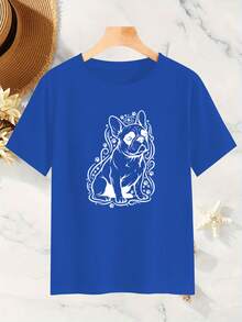 Camiseta para mujer con estampado de perro - Prenda de manga corta con patrón de cachorro de líneas simples, capa base o sudadera independiente, top casual de cuello redondo, imprescindible para amantes de las mascotas, ajuste holgado, ropa casual, adecuada para combinar con jeans y vestidos - Azul - Ver 2