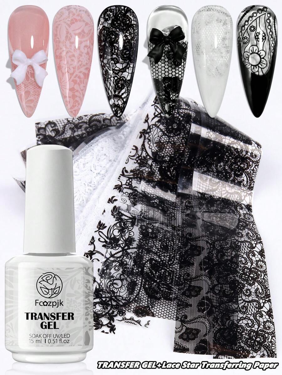 15毫升蕾丝美甲贴纸套装，包含白色和黑色蕾丝美甲贴纸、LED灯可卸美甲凝胶，DIY美甲，女士礼物 - 無色 - 查看 1