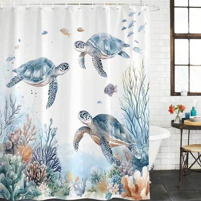 海洋海龟鱼珊瑚海藻图案浴帘，带防锈孔眼，防水浴室帘，水彩海底世界浴帘，酒店奢华品质