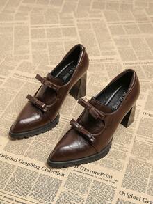 2026春季新款女鞋，尖头时尚优雅复古串珠蝴蝶结皮革高跟鞋，粗跟穆勒鞋，休闲通勤显瘦时尚黑色、酒红色 - 酒紅色 - 查看 2