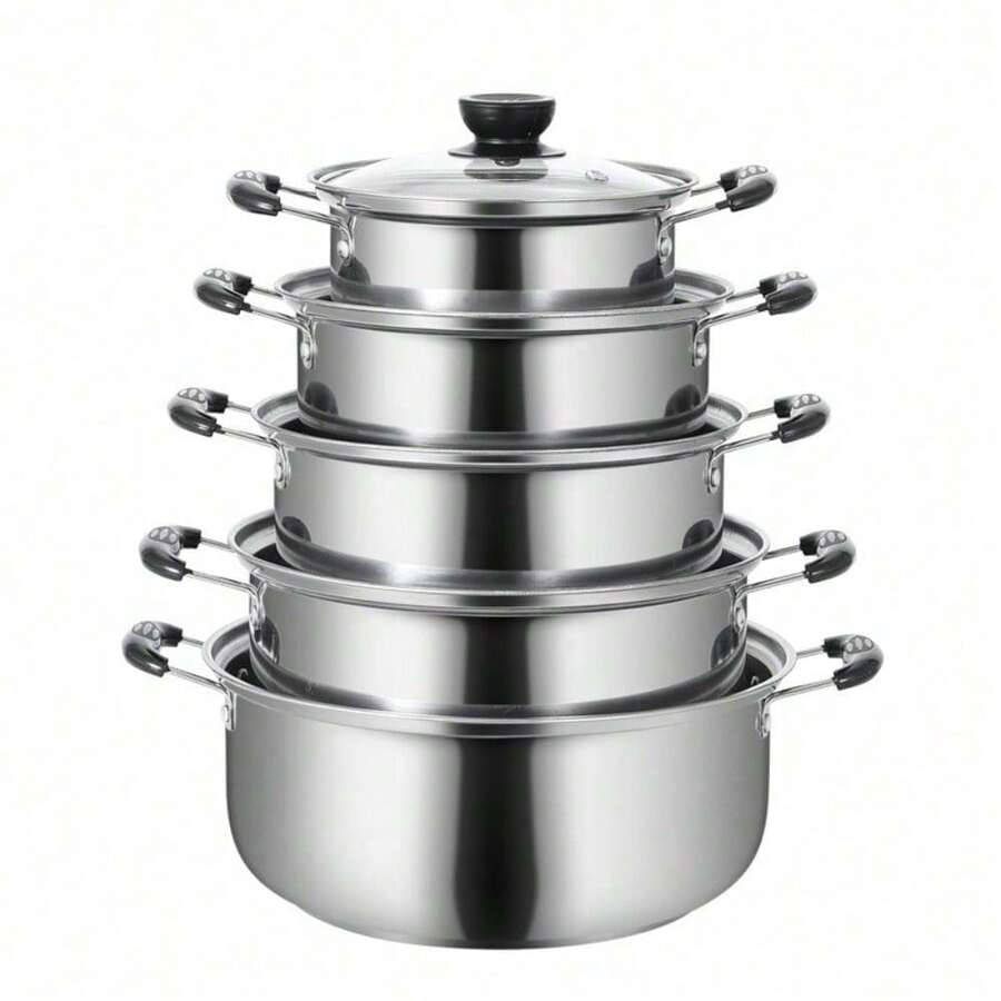 5PCS/Set Stainless Steel Saucepan Induction Cooking Pot Cooker Cookware Kitchen - Silver - View 1