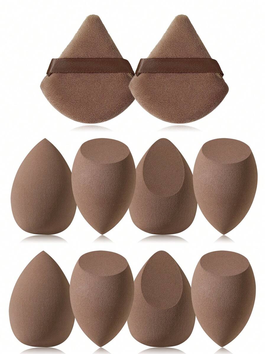 Bộ dụng cụ trang điểm 10 món bao gồm: 8 bông mút trang điểm + 2 bông phấn tam giác - màu nâu - Xem 1