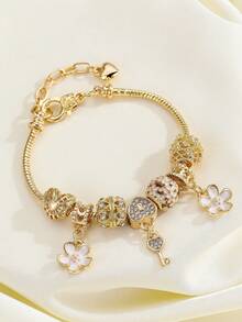 1件简约时尚水钻镂空心形、三叶草、粉色花朵、蜜蜂吊坠手链，适合女孩日常佩戴。 - 彩色 - 查看 5