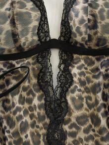 两件套女士豹纹条纹蕾丝拼接露背薄纱睡裙，V领性感娃娃衫，侧开衩睡裙，性感丁字裤，浪漫性感内衣 - 摩卡棕 - 查看 10