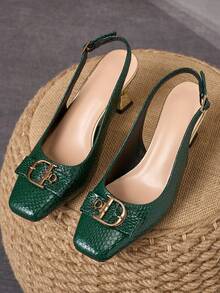 WHDXY 7cm Asymmetric Heel Green Crocodile Pattern Open-Back High Heels, Square Toe With Bow & Metal Buckle Decor, Elegant Dress Shoes Suitable For Commuting, Work, Dates And Parties - Green - View 5