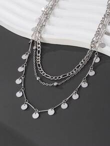 1pc Niche Silver Metal Figaro Chain Round Disc Multi-Layer Necklace, Suitable For Men's Street Fashion, Party, Birthday, Daily Wear (No Gift Box) - Silver - View 2